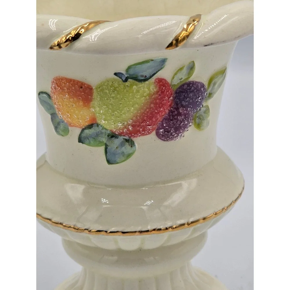 Vintage Sugared Fruit Ivory Ceramic Pedestal Candle Holder Gold Gilt Trim Single